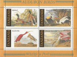 Танзания 1986 К 200-летию Джона Джеймса Одюбона Изображения птиц Америки серия из 4 марок в блоке